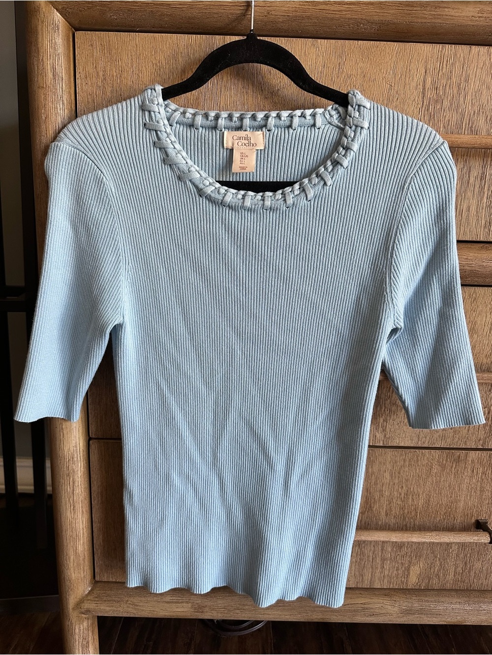 Camila Coelho Light Blue Ribbed Knit Top with Braided Neckline